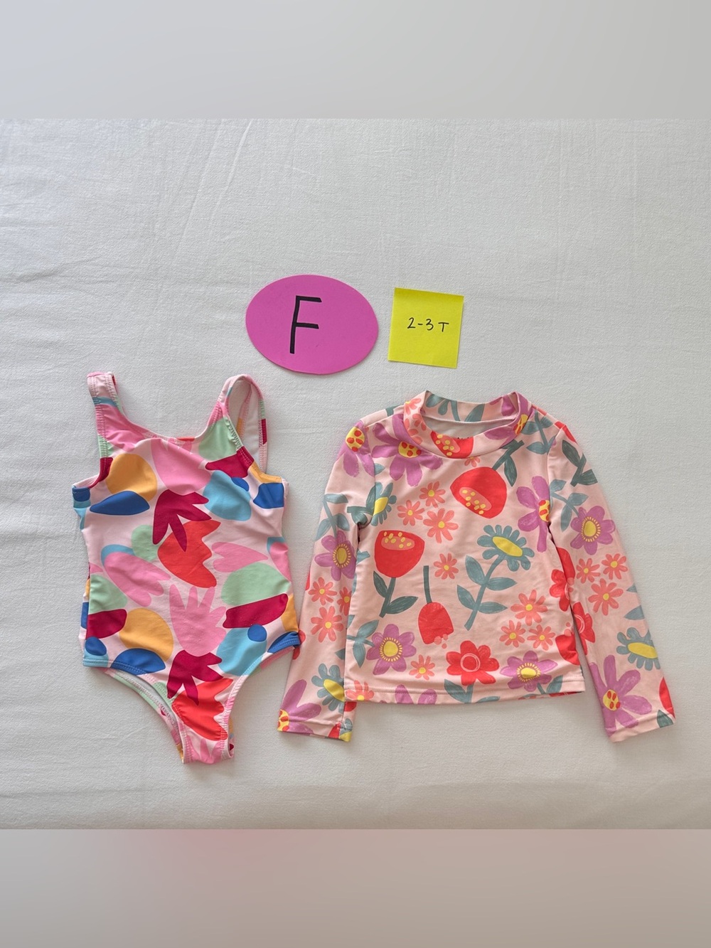 2-3 T - Girls Multicolor Floral Rash Guard Top & One-Piece Swimsuit Set - Pink